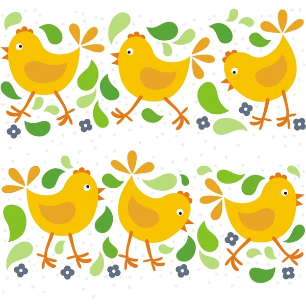 Pequenas galinhas amarelas com folhas verdes e flores azuis Páscoa padrão sem costura horizontal —  Vetores de Stock