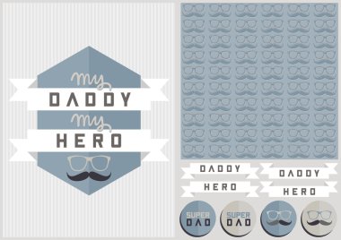 Modern hipster babam benim kahraman kartı arka plan deseni rozetleri ayarlanır