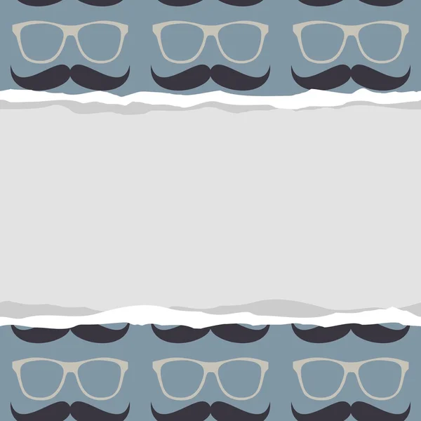 Gafas hipster bigote beige gris tarjeta azul con patrón sin costuras y desgarrado horizontal lugar en blanco para su texto — Vector de stock