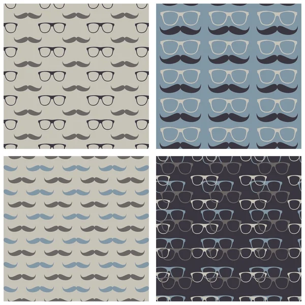 Hipster glasses mustache beige blue gray geometrical seamless pattern set — Stock Vector