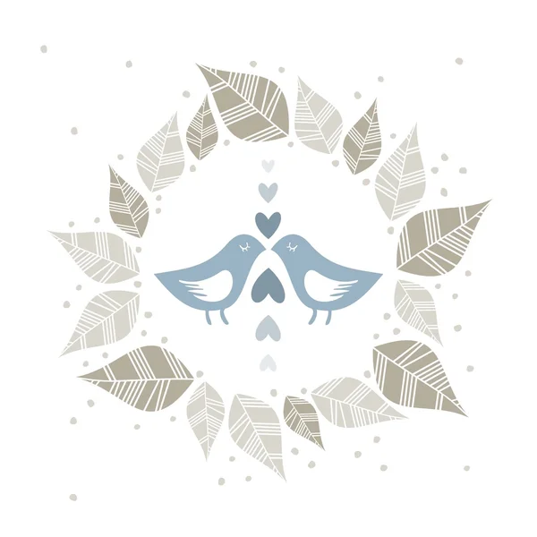 Petits oiseaux bleus amoureux de coeurs points et feuilles couronne illustration isolé sur blanc — Image vectorielle