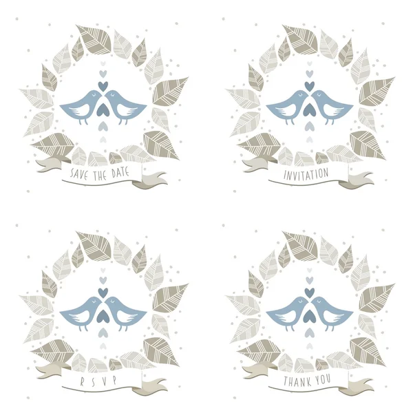 Uccellini blu innamorati di cuori puntini e foglie ghirlanda carte di nozze isolate su bianco — Vettoriale Stock