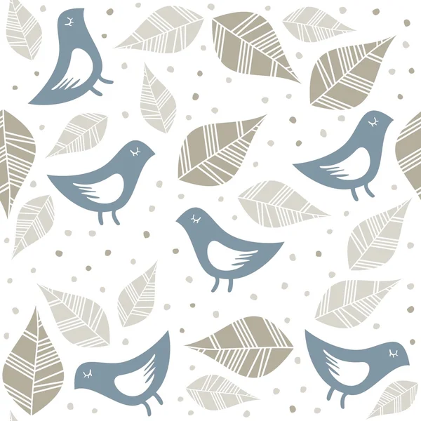Kleine blaue Vögel mit Punkten und Blättern, die nahtlos auf weiß isoliert sind — Stockvektor