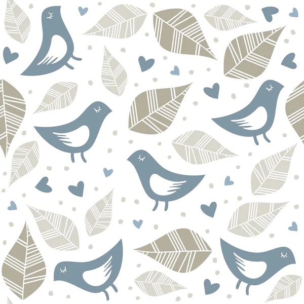 Little blue birds with dots leaves and hearts seamless pattern isolated on white — Stock Vector