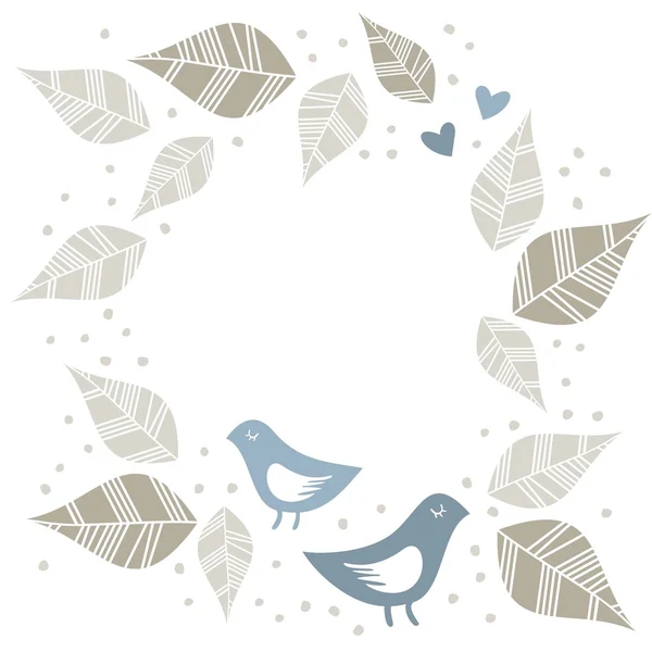 Little blue birds in love dots leaves wreath card illustration isolated on white — Stock Vector