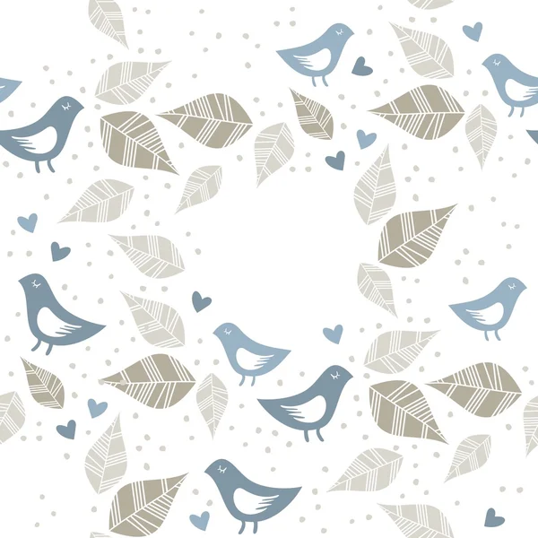 Pequeños pájaros azules enamorados de puntos corazones y hojas corona patrón sin costuras aislado en blanco — Vector de stock