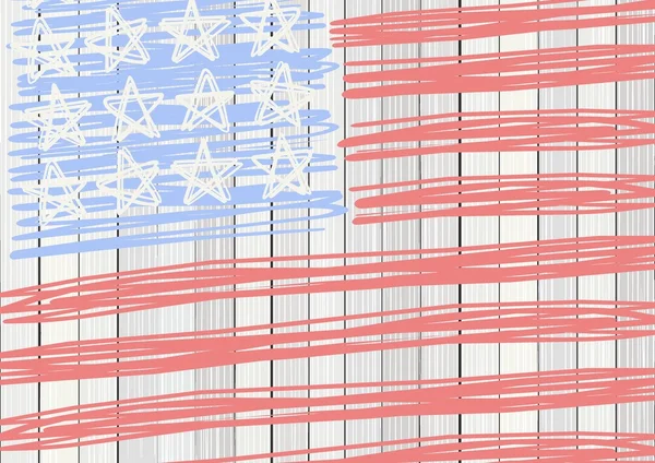 Branco cerca vertical piso de madeira com bandeira americana estrelas listras 4th julho retangular fundo patriótico — Vetor de Stock