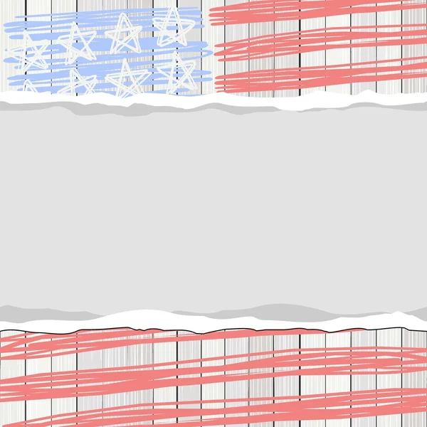 Bianco pavimento in legno recinzione verticale con bandiera americana stelle strisce e carta stracciata orizzontale vuota 4 luglio carta patriottica — Vettoriale Stock