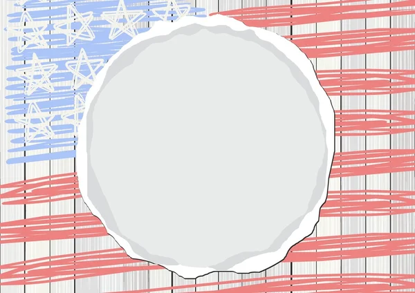 Białej podłogi drewniane pionowe ogrodzenie z flagi amerykańskiej gwiazdy paski 4 lipca prostokątne patriotyczne tło z pusty okrągły papier rozdarty — Wektor stockowy