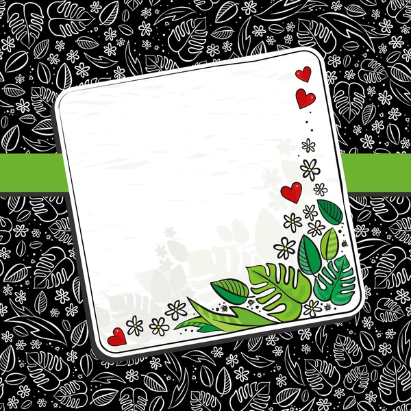 Jardin secret monochrome printemps été floral saisonnier carte salissante avec ruban et coloré blanc note place sur sombre — Image vectorielle