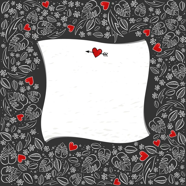 Giardino segreto cornice quadrata con cuori rossi monocromatico primavera estate floreale stagionale disordinato carta con carta bianca su scuro — Vettoriale Stock