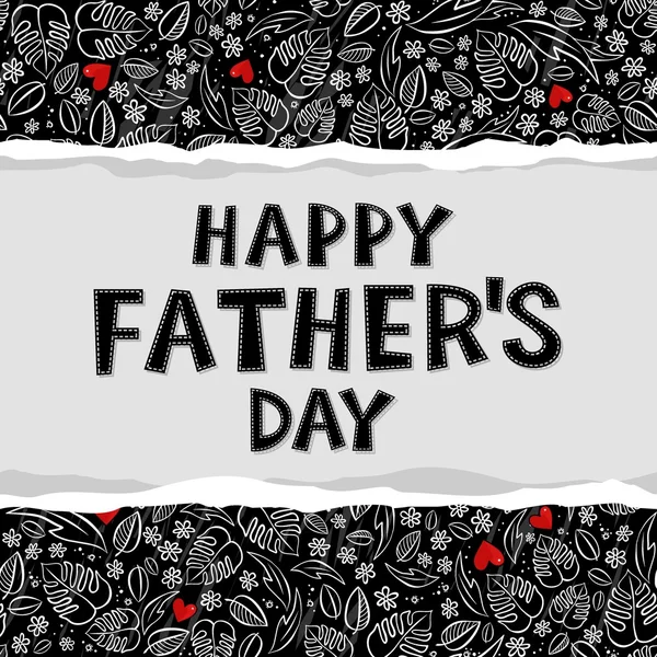 Secret garden monochrome spring summer floral seasonal messy Father's Day card with red hearts on dark with horizontal torn paper — Stock Vector