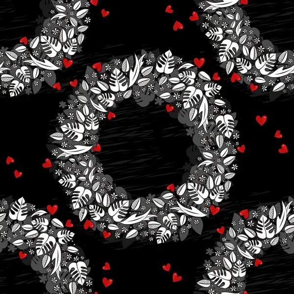 Corona de jardín secreto con corazones rojos monocromo primavera verano floral temporada desordenado patrón sin costuras en la oscuridad — Archivo Imágenes Vectoriales