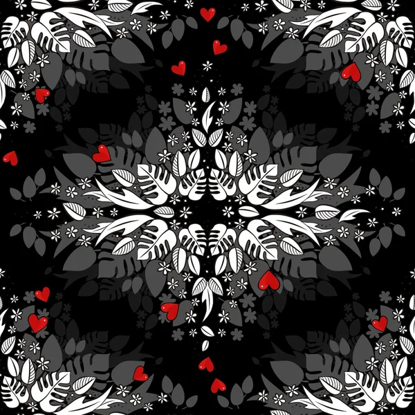 비밀 정원 흑백 봄 여름 꽃 계절 완벽 한 패턴 어둠에 빨간 하트 — 스톡 벡터