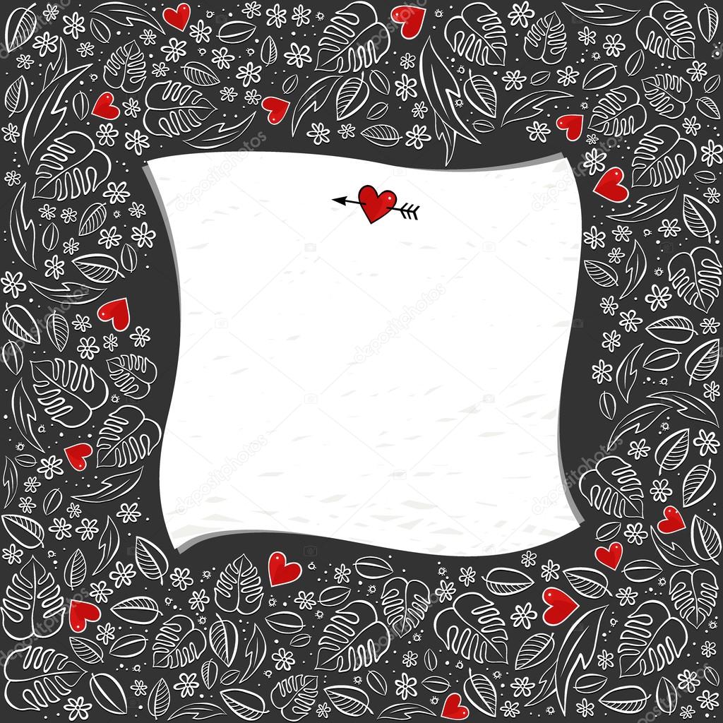 secret garden square frame with red hearts monochrome spring summer floral seasonal messy card with blank paper on dark