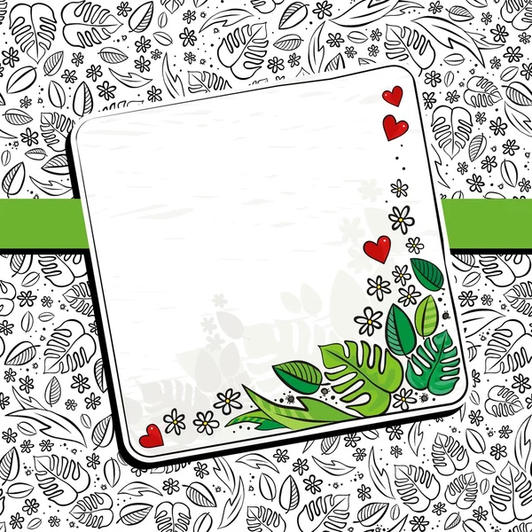 Jardim secreto primavera monocromático verão floral sazonal bagunçado cartão com fita e colorido lugar nota em branco —  Vetores de Stock