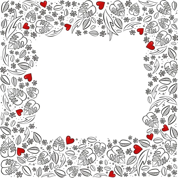 Secret garden square frame with red hearts monochrome spring summer floral seasonal messy card on white — Stock Vector