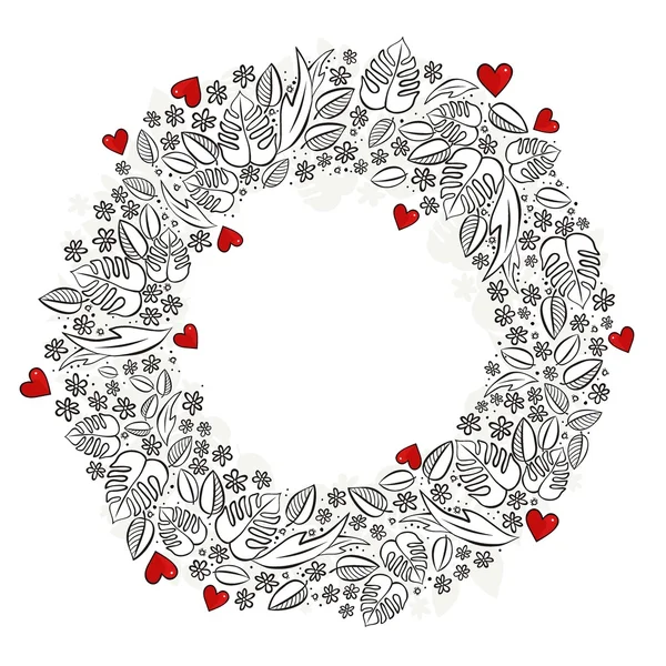 Secret garden wreath with red hearts monochrome spring summer floral seasonal messy card centerpiece on white — Stock Vector