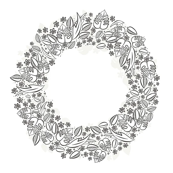 Secret garden wreath monochrome spring summer floral seasonal messy card centerpiece on white — Stock Vector