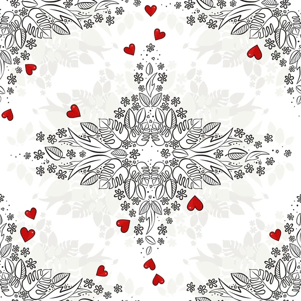 Jardin secret monochrome printemps été floral saisonnier motif sans couture avec des cœurs rouges sur blanc — Image vectorielle