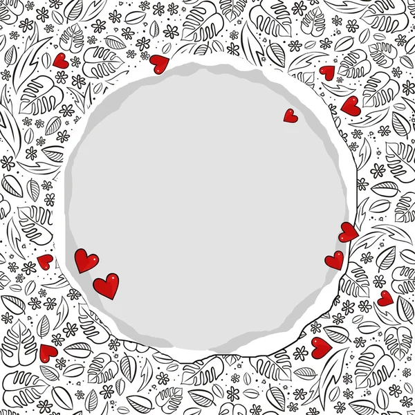 Geheimnis Garten monochrom Frühling Sommer Blumen Saison chaotisch nahtlose Muster mit roten Herzen auf weiß mit runden zerrissenen Papier — Stockvektor
