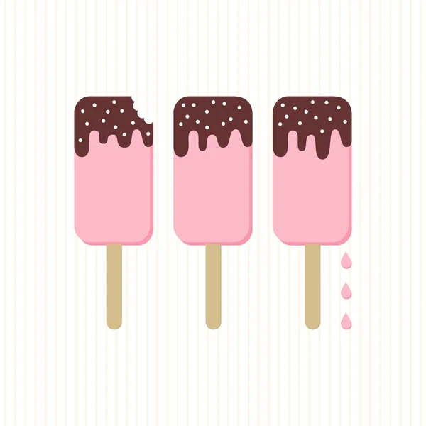 Popsicles roses avec glaçage au chocolat été cool carte vectorielle dessert affiche pièce maîtresse sur rayures claires — Image vectorielle