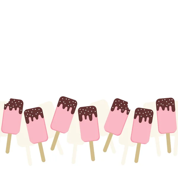 Alt yatay kenarlık beyaz üzerine pembe dondurmayı yaz aylarında serin tatlı krema çikolata ile vektör — Stok Vektör