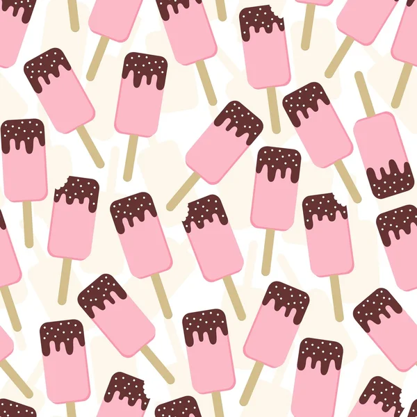 Pink popsicles with chocolate icing mess summertime cool dessert vector seamless pattern on white — Stock Vector