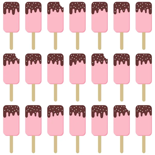 Pink popsicles with chocolate icing in horizontal rows summertime cool dessert vector seamless pattern on white — Stock Vector