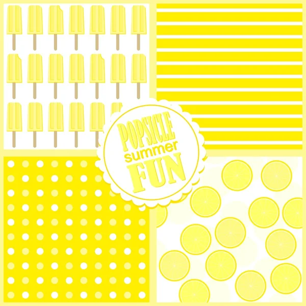 Yellow lemon popsicle fun summertime cool fruit dessert vector seamless pattern set — Stockvector