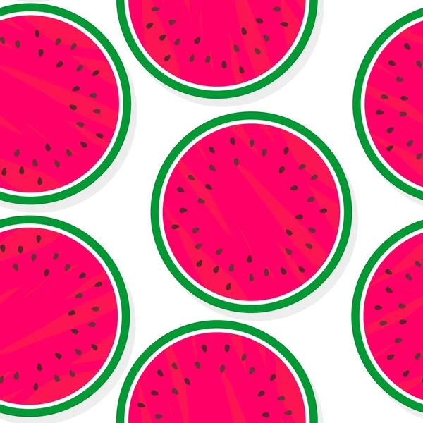 Yummy round watermelon fruit summertime messy seamless pattern on white background — Stock Vector