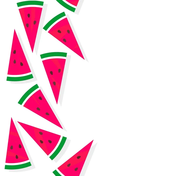 Sweet watermelon pieces summertime fruit isolated elements seamless vertical border on white background — Wektor stockowy