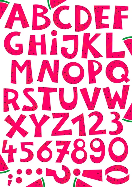 Watermelon letter and number set summertime education elements isolated on white background — Stockvector