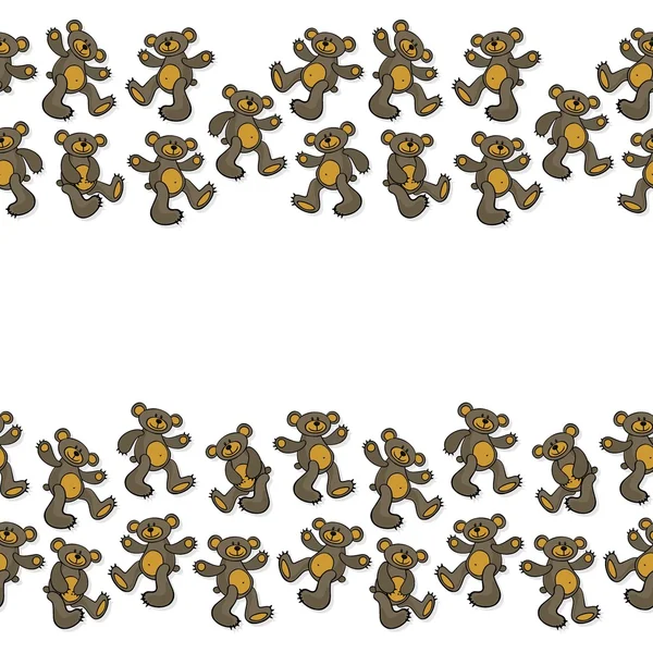 Braun Spielzeug Tier Teddybär chaotisch dekorative nahtlose doppelte horizontale Grenze isoliert auf weißem Hintergrund — Stockvektor