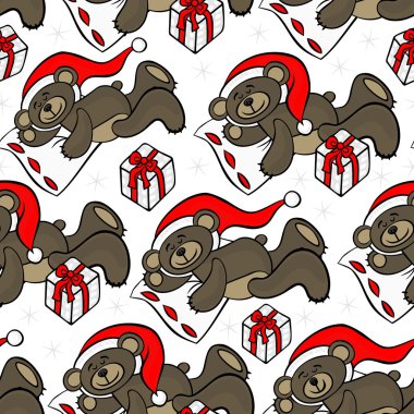 kahverengi oyuncak hayvan oyuncak ayı ile Santa Claus şapka ve Noel hediye dekoratif mevsimlik Dikişsiz desen beyaz arka plan üzerinde uyuyor