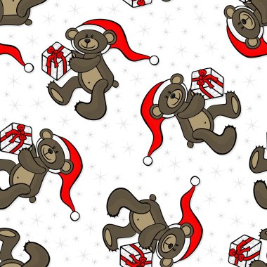 dağınık dekoratif mevsimlik seamless modeli üzerinde beyaz izole kahverengi oyuncak hayvan oyuncak ayı ile Santa Claus şapka ve Noel hediye