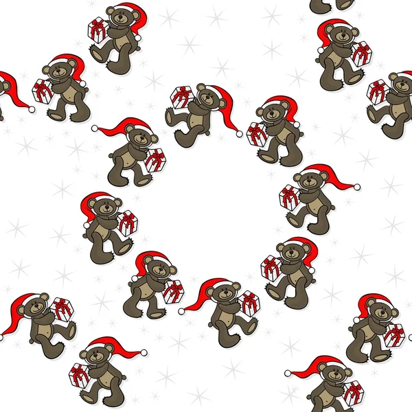 茶色の動物グッズ テディベア サンタ クロースの帽子とクリスマス ギフト白で季節の装飾的な花輪クリスマスのシームレス パターン — ストックベクタ
