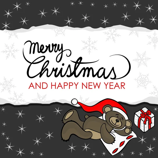 Brown toy animal sleeping teddy bear with Santa Claus hat and a gift decorative seasonal Christmas card on dark background with horizontal torn paper with Christmas and New Year wishes in English — Stock vektor
