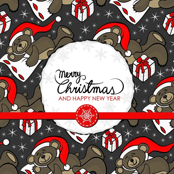 Sleeping brown toy animal teddy bear with Santa Claus hat and Christmas gift decorative seasonal card with wishes in English on dark background — Wektor stockowy