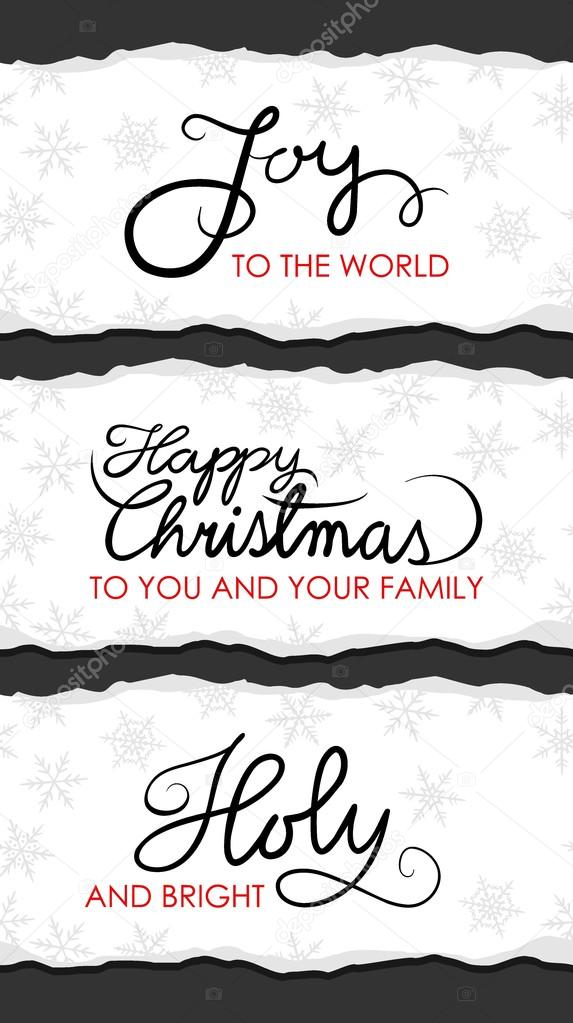 Christmas wishes in English joy to the world happy Christmas holy and bright on torn paper vector seasonal label set