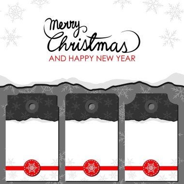yırtık kağıt üzerinde kar taneleri ile koyu desenli arka plan Christmas kış kırmızı kurdele ile ayarla rozet tatil.