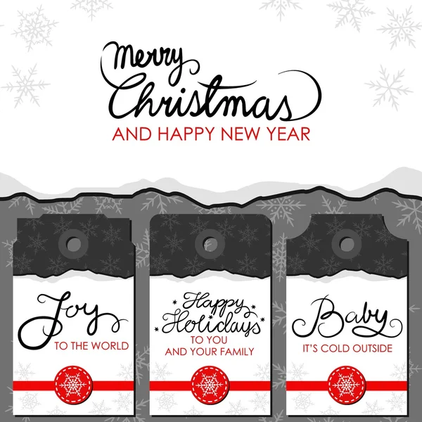 Roztrhaný papír na tmavém vzorované pozadí s sněhové vločky vánoční zimní svátky odznak s červenou stužku a vánoční přání v angličtině — Stockový vektor