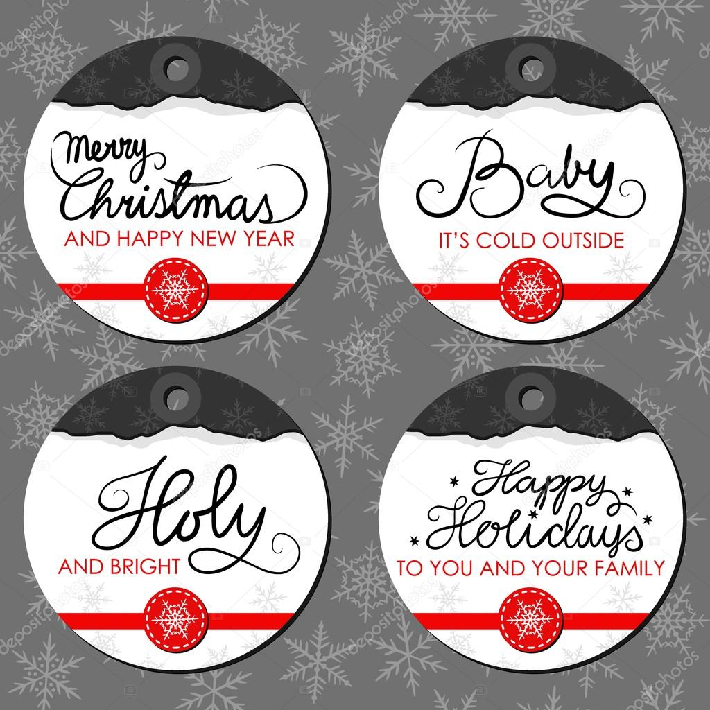 Merry Christmas torn paper on dark patterned background with snowflakes Christmas winter holidays round badge set with red ribbon and Christmas wishes in English