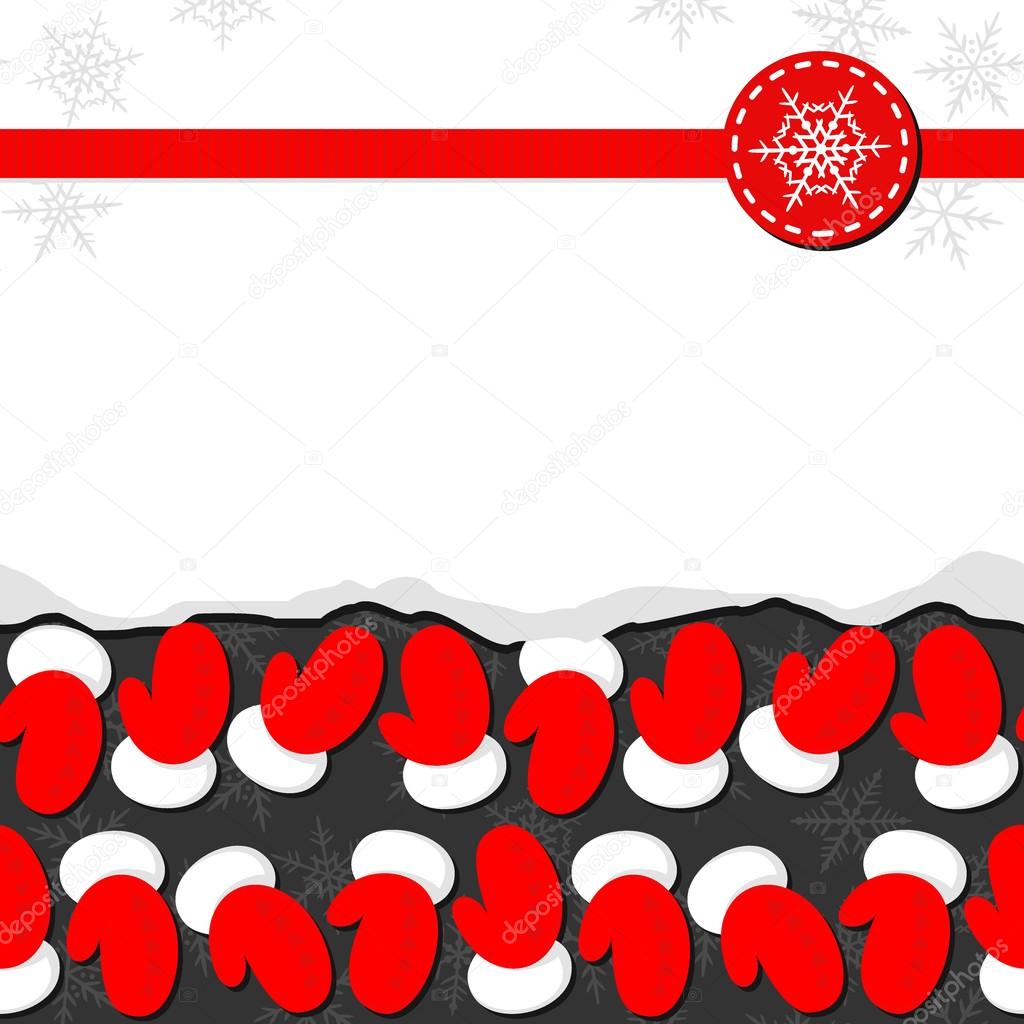 red gloves of Santa Claus Christmas winter holidays seamless pattern with horizontal rows on dark background with blank torn paper with place for your text and red ribbon and snowflake badge