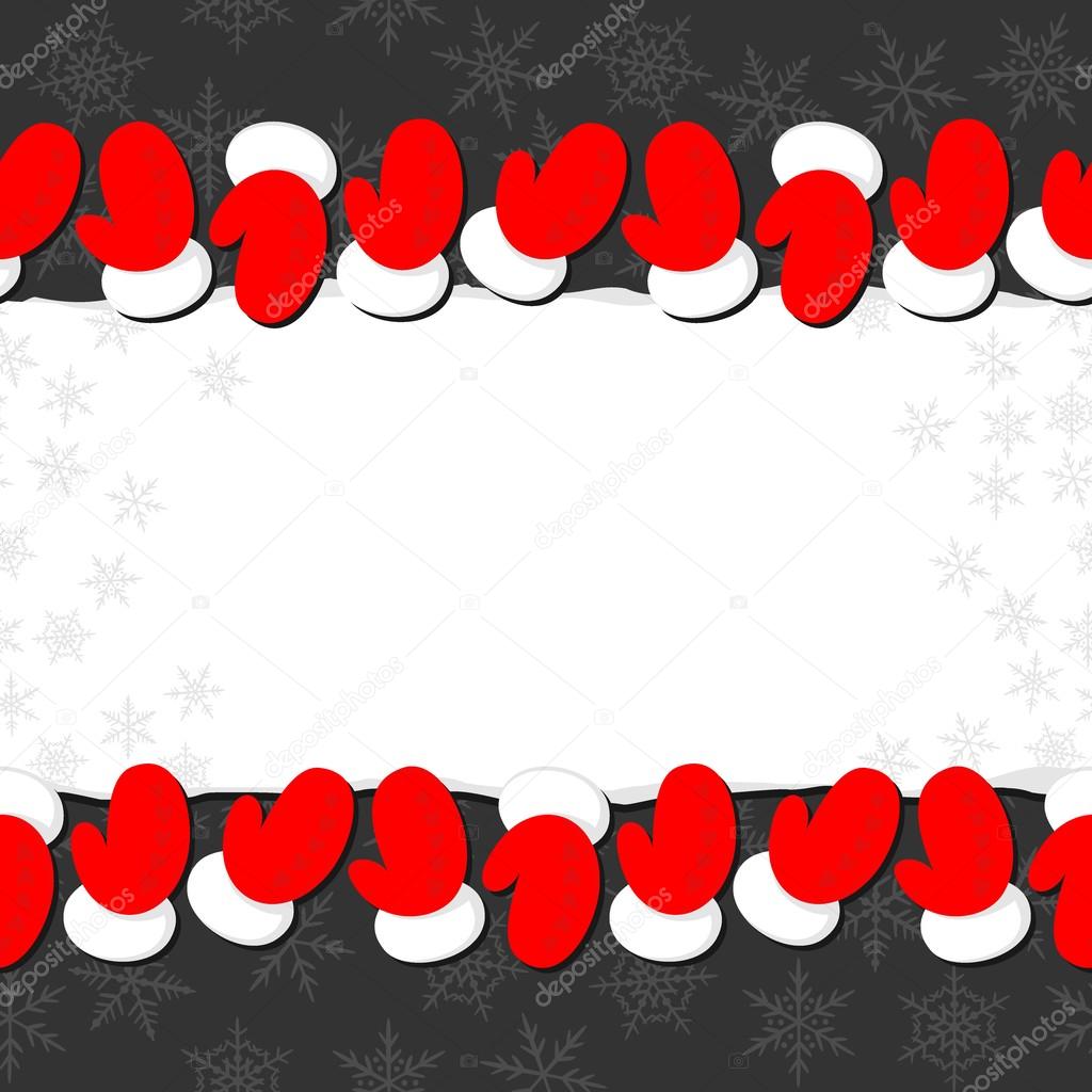 red gloves of Santa Claus Christmas winter holidays seamless double horizontal border on dark background with blank torn paper with place for your text