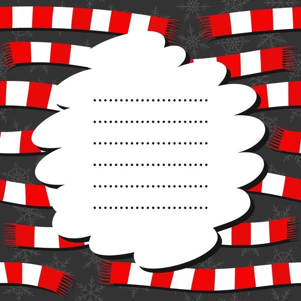 Červené bílé vlněné šály zimní svátky pohlednici s prázdnou odznak na tmavé — Stockový vektor