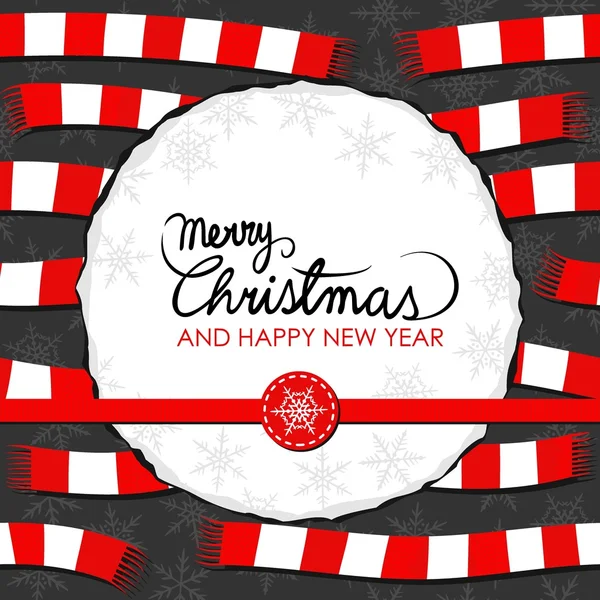 Czerwony biały wełny szaliki świąteczne zimowe wakacje karty z okrągły papier rozdarty z Boże Narodzenie życzenia w angielski czerwoną wstążką i śnieżynka znaczek na ciemny — Wektor stockowy