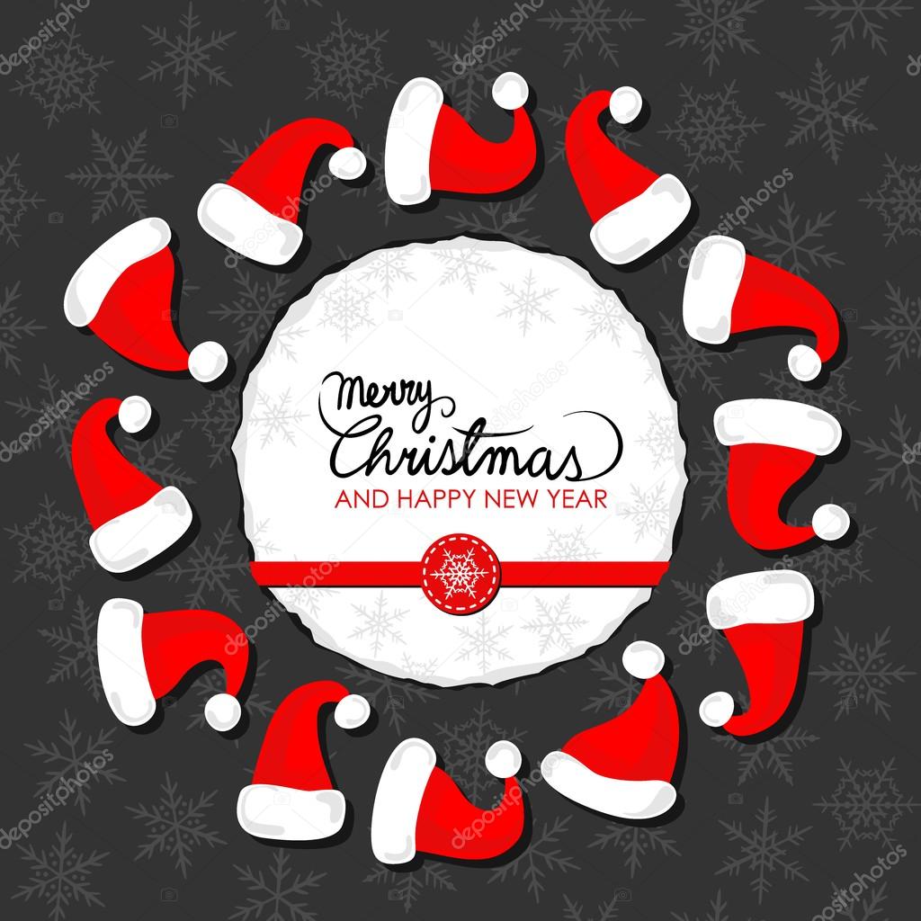 Røde hatte af Claus krans vinterferie kort med rund papir med juleønsker i engelsk rødt bånd og snefnug badge mørk — Stock-vektor © demonique #95049670