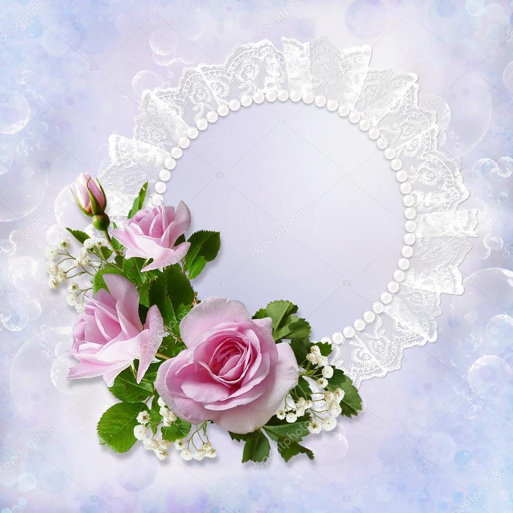 Gorgeous gentle background with roses, pearls and lace with space for photo or text