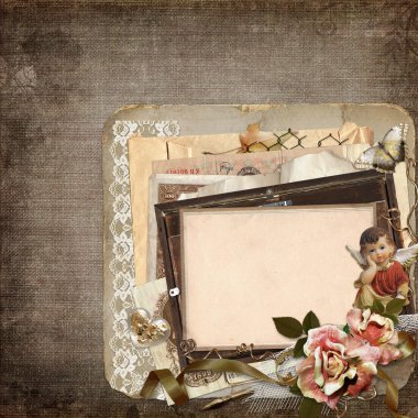 Vintage background with old frames, angels, roses and old retro decorations clipart